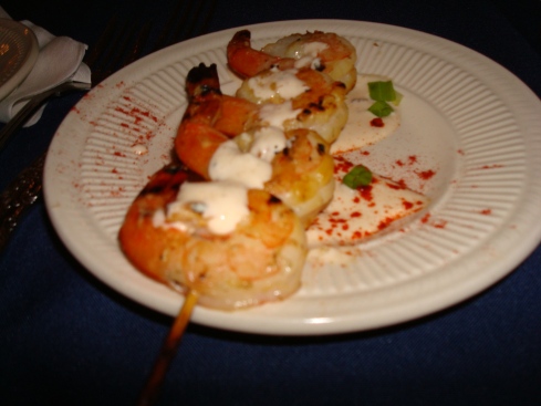 Grilled shrimp skewers with banana-dijon dipping sauce